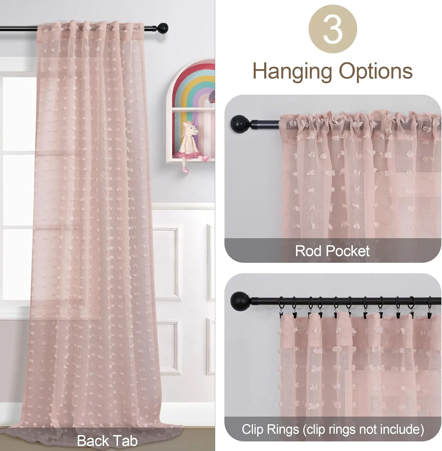 DANCURTON Cute Pom Pom Curtains for Girls Princess Room Semi Sheer Canopy Bed Butterfly Floral Boho 2 Panels for Bedroom Blush Pink Back Tab Voile Living Room Drapes 52 by 108 Inches Long