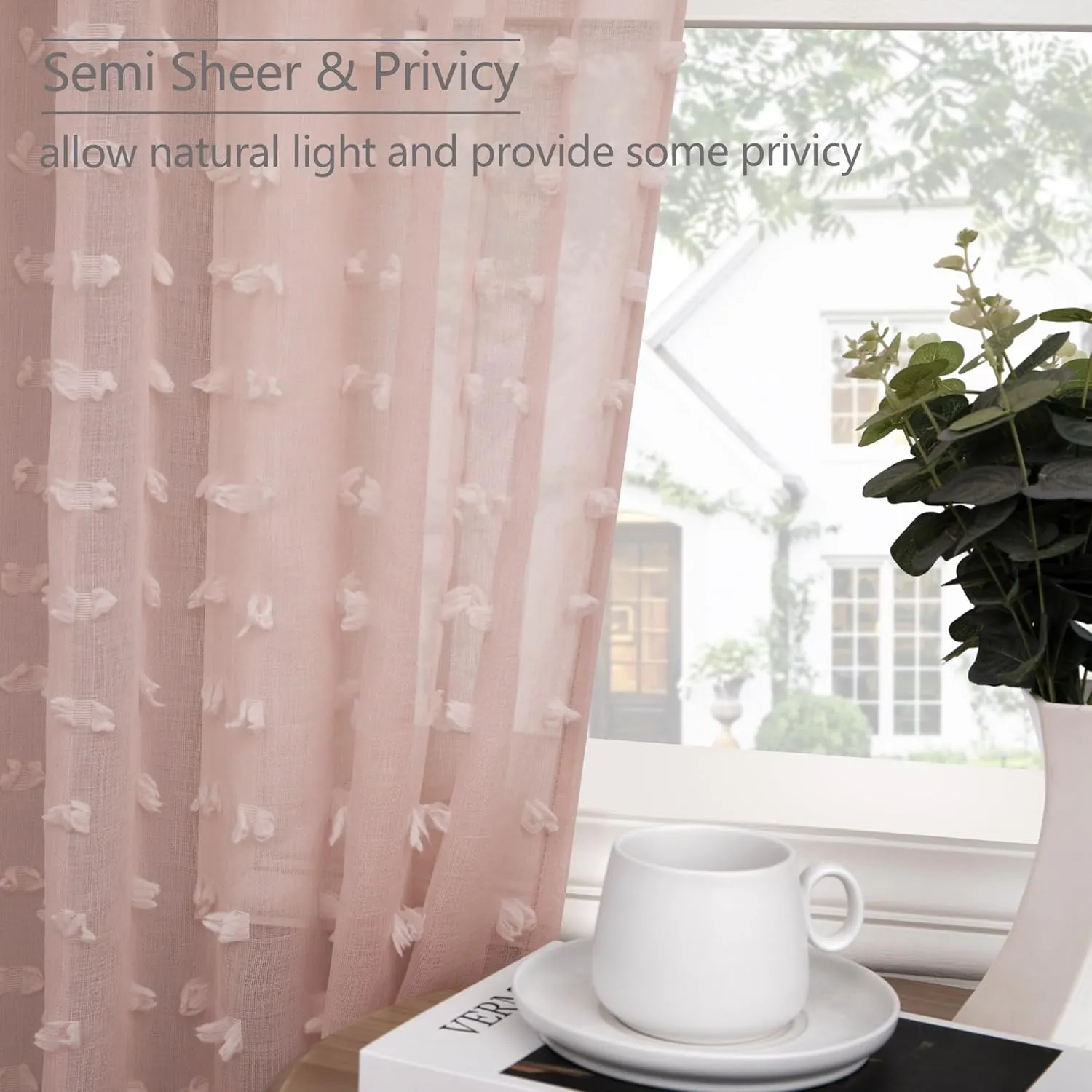 DANCURTON Cute Pom Pom Curtains for Girls Princess Room Semi Sheer Canopy Bed Butterfly Floral Boho 2 Panels for Bedroom Blush Pink Back Tab Voile Living Room Drapes 52 by 108 Inches Long