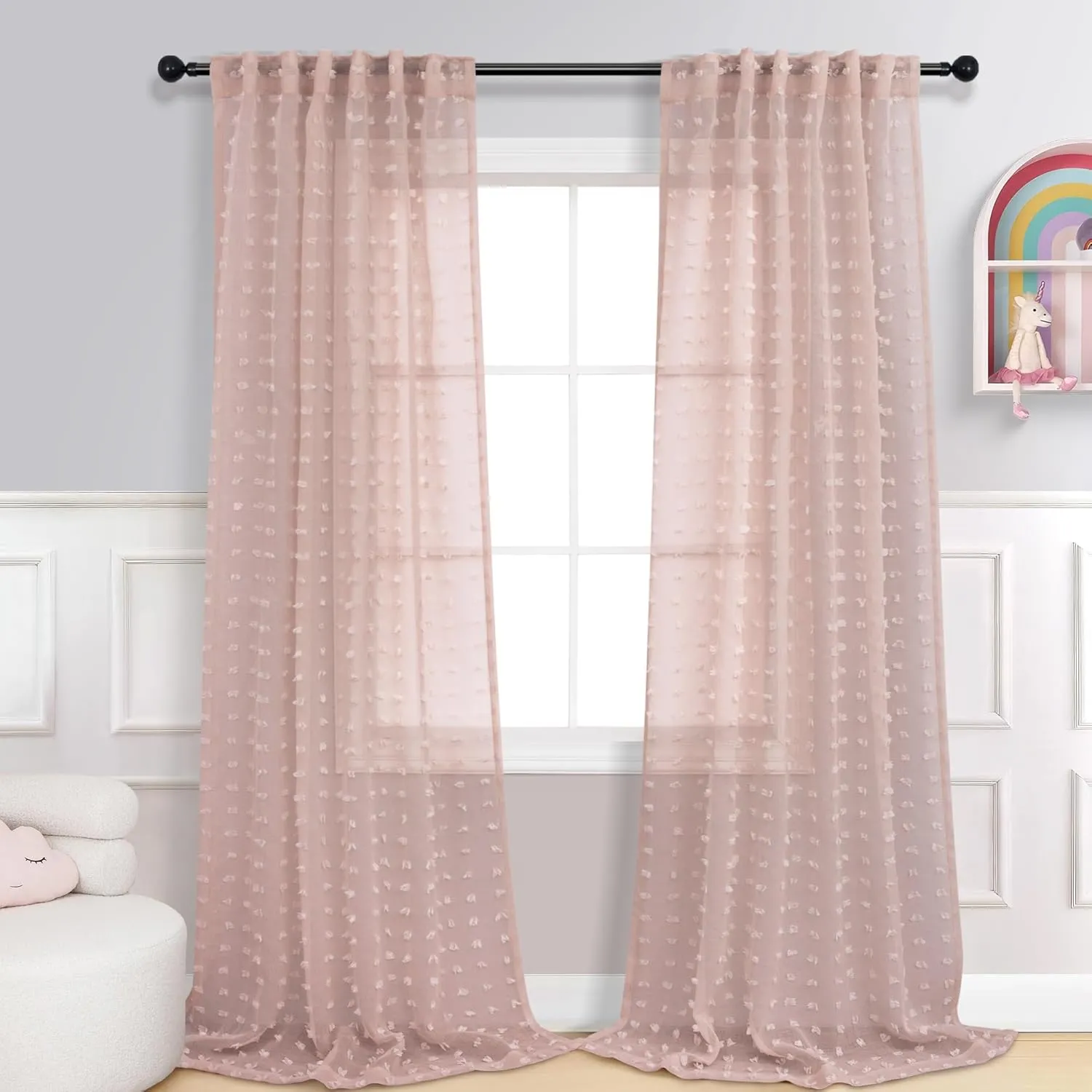 DANCURTON Cute Pom Pom Curtains for Girls Princess Room Semi Sheer Canopy Bed Butterfly Floral Boho 2 Panels for Bedroom Blush Pink Back Tab Voile Living Room Drapes 52 by 108 Inches Long