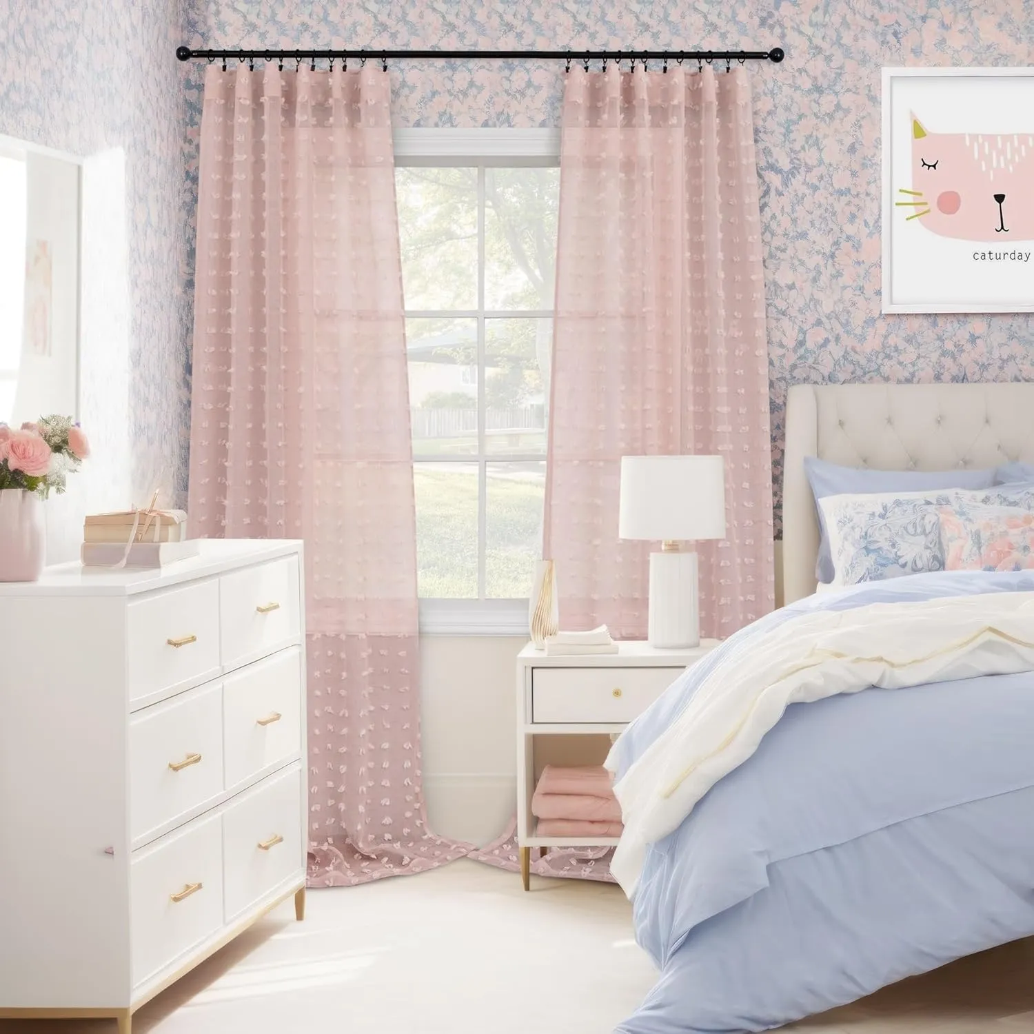 DANCURTON Cute Pom Pom Curtains for Girls Princess Room Semi Sheer Canopy Bed Butterfly Floral Boho 2 Panels for Bedroom Blush Pink Back Tab Voile Living Room Drapes 52 by 108 Inches Long