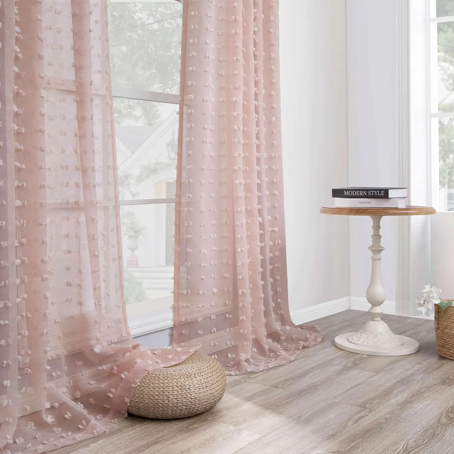 DANCURTON Cute Pom Pom Curtains for Girls Princess Room Semi Sheer Canopy Bed Butterfly Floral Boho 2 Panels for Bedroom Blush Pink Back Tab Voile Living Room Drapes 52 by 108 Inches Long