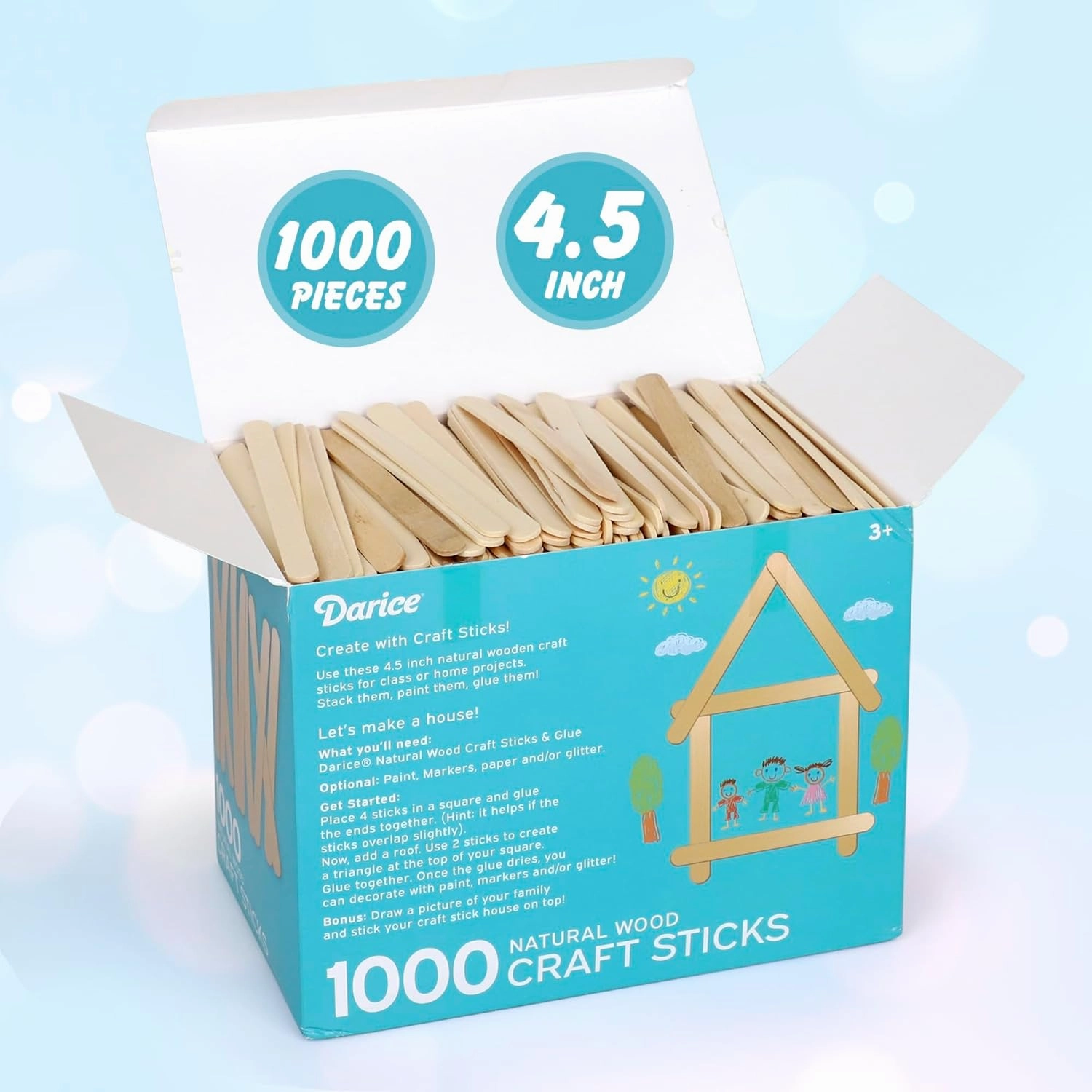 Darice 1000 Pcs Popsicle Stick, 4.5" Natural Wood Craft Sticks Supplies, Ice-Cream Stick Pop, Ages 3 