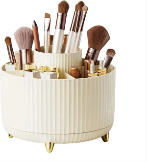 DASITON Large Capacity Makeup Brush Holder,360° Rotating Makeup Organizer,5 Slot Makeup Brushes Cup,for Vanity Decor,Bathroom Countertops,Desk Storage Container,Cosmetic Display cases(Cream)