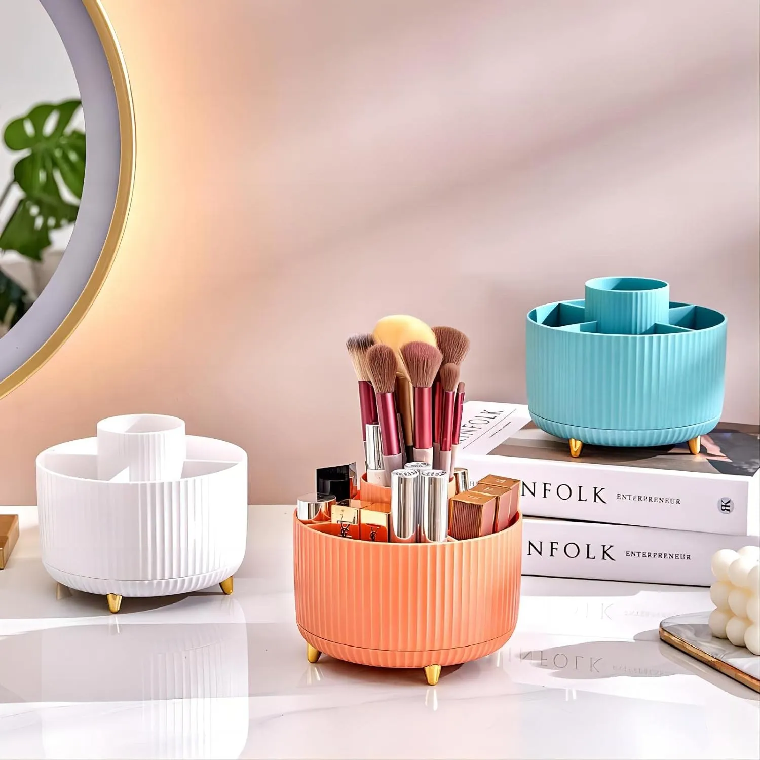 DASITON Large Capacity Makeup Brush Holder,360° Rotating Makeup Organizer,5 Slot Makeup Brushes Cup,for Vanity Decor,Bathroom Countertops,Desk Storage Container,Cosmetic Display cases(Cream)