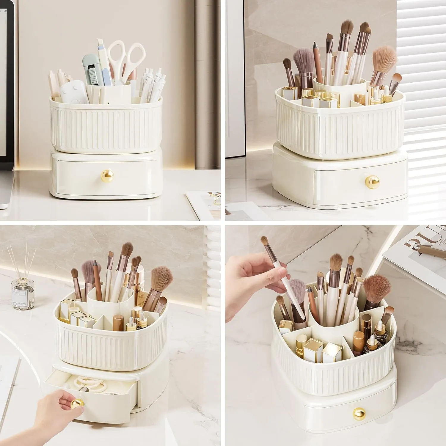 DASITON Stackable Makeup Organizer,Makeup Brush Holder With 360°Rotating Makeup Organizer Tray,Cosmetic Holder Shelf(Cream)