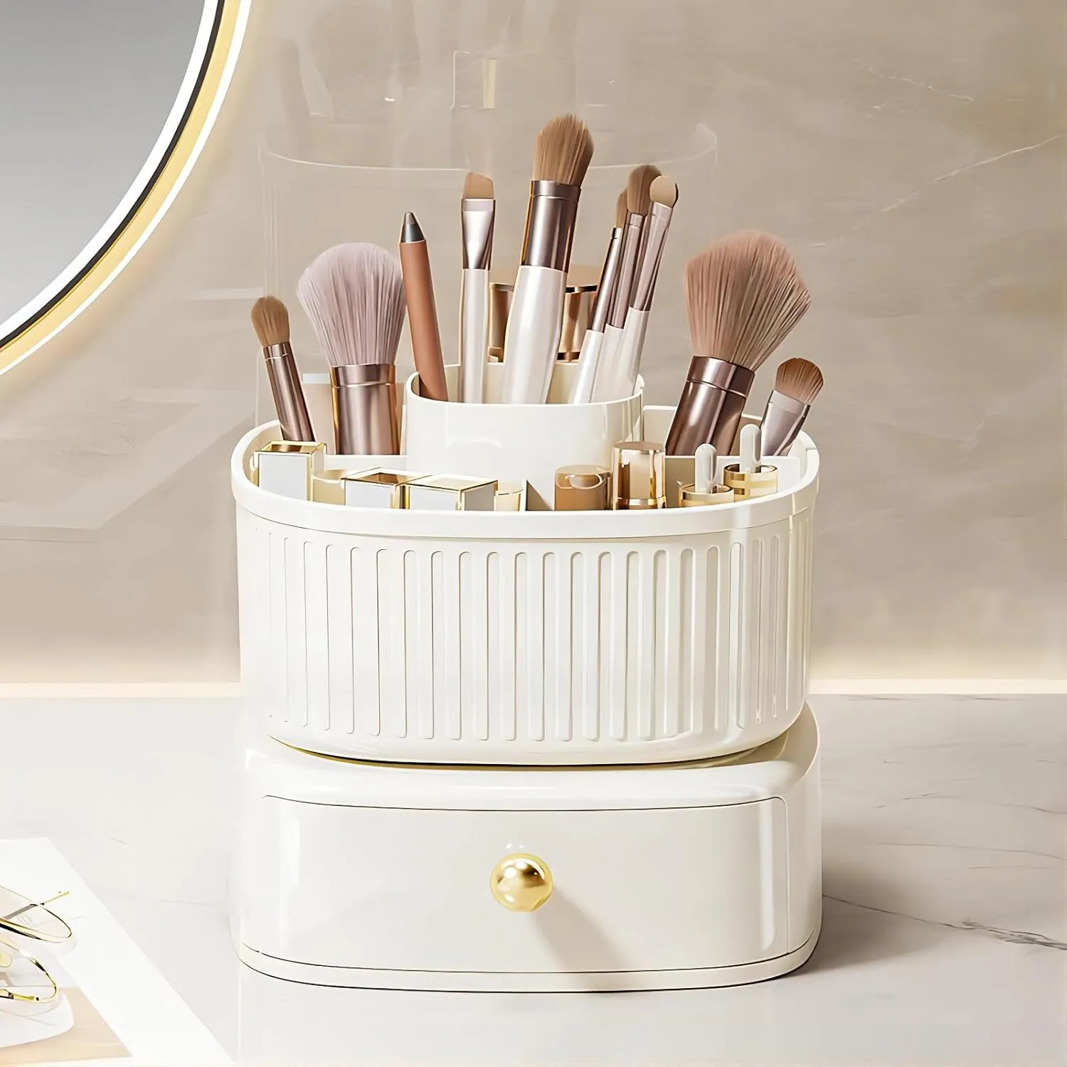 DASITON Stackable Makeup Organizer,Makeup Brush Holder With 360°Rotating Makeup Organizer Tray,Cosmetic Holder Shelf(Cream)