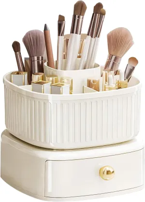 DASITON Stackable Makeup Organizer,Makeup Brush Holder With 360°Rotating Makeup Organizer Tray,Cosmetic Holder Shelf(Cream)