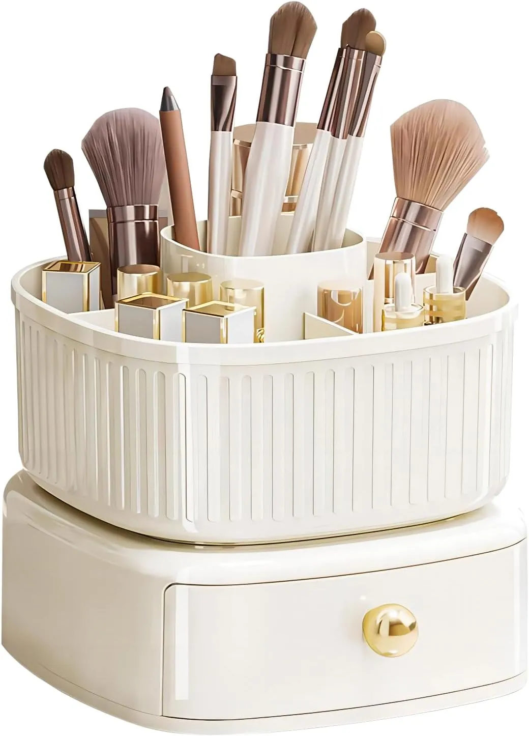 DASITON Stackable Makeup Organizer,Makeup Brush Holder With 360°Rotating Makeup Organizer Tray,Cosmetic Holder Shelf(Cream)
