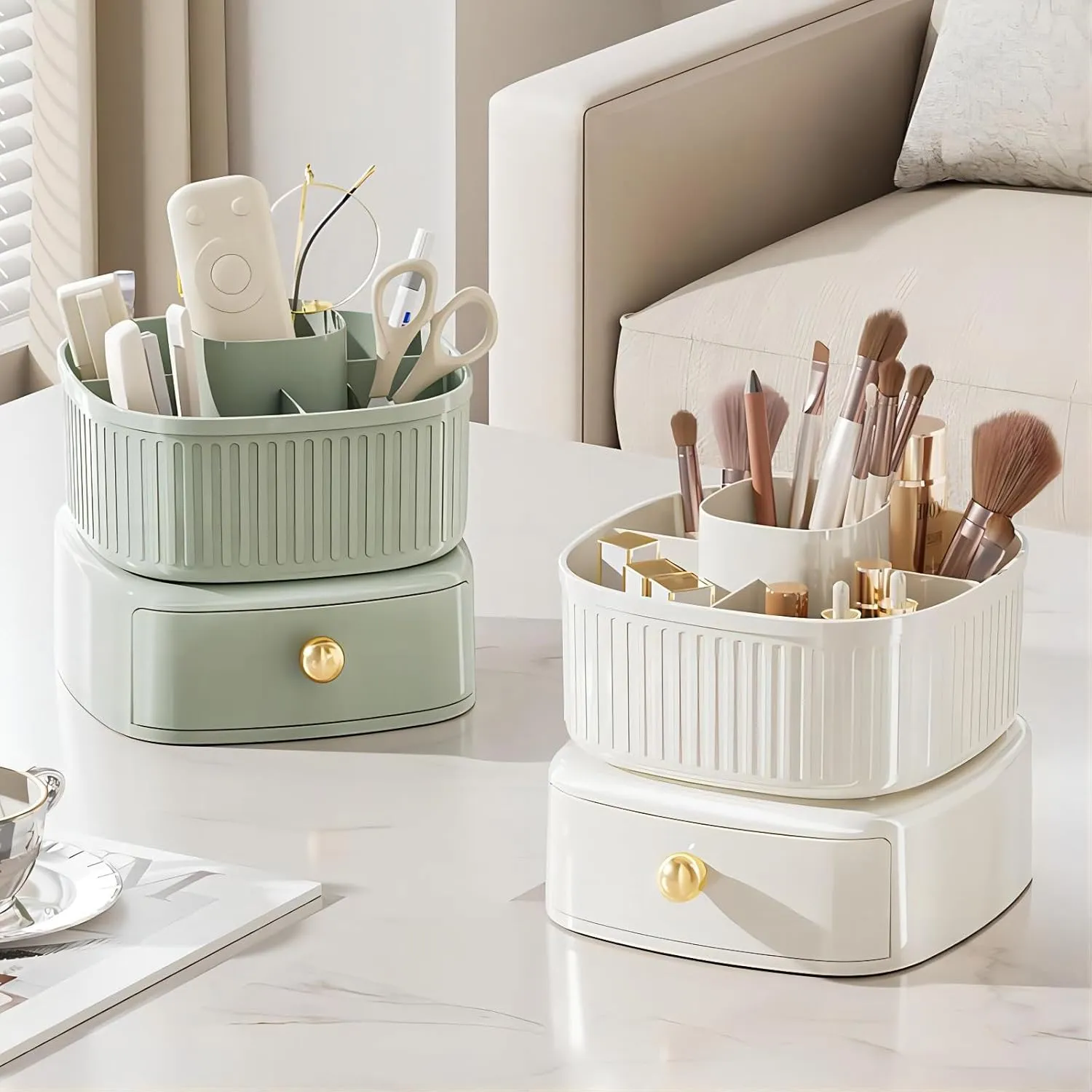 DASITON Stackable Makeup Organizer,Makeup Brush Holder With 360°Rotating Makeup Organizer Tray,Cosmetic Holder Shelf(Cream)