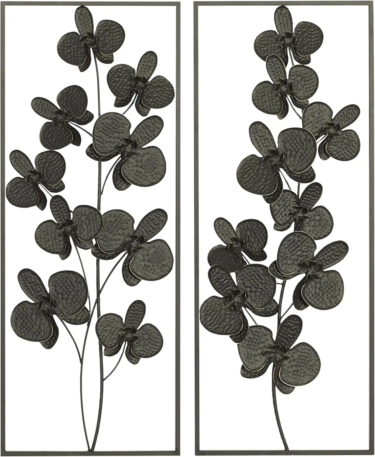 Deco 79 Metal Floral Home Wall Decor Orchid Wall Sculpture with Black Frame, Set of 2 Wall Art 14"W, 36"H, Black