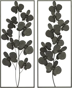 Deco 79 Metal Floral Home Wall Decor Orchid Wall Sculpture with Black Frame, Set of 2 Wall Art 14"W, 36"H, Black