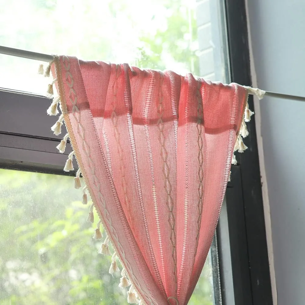 Deeprove Blush Pink Boho Curtain Valance for Cafe Kitchen Nursery Decor, Sheer Bohemian Farmhouse Cotton Linen Short Panel Tassel Toddler Baby Girl Princess Theme Window Treatment, W52 x L18, 1 Piece