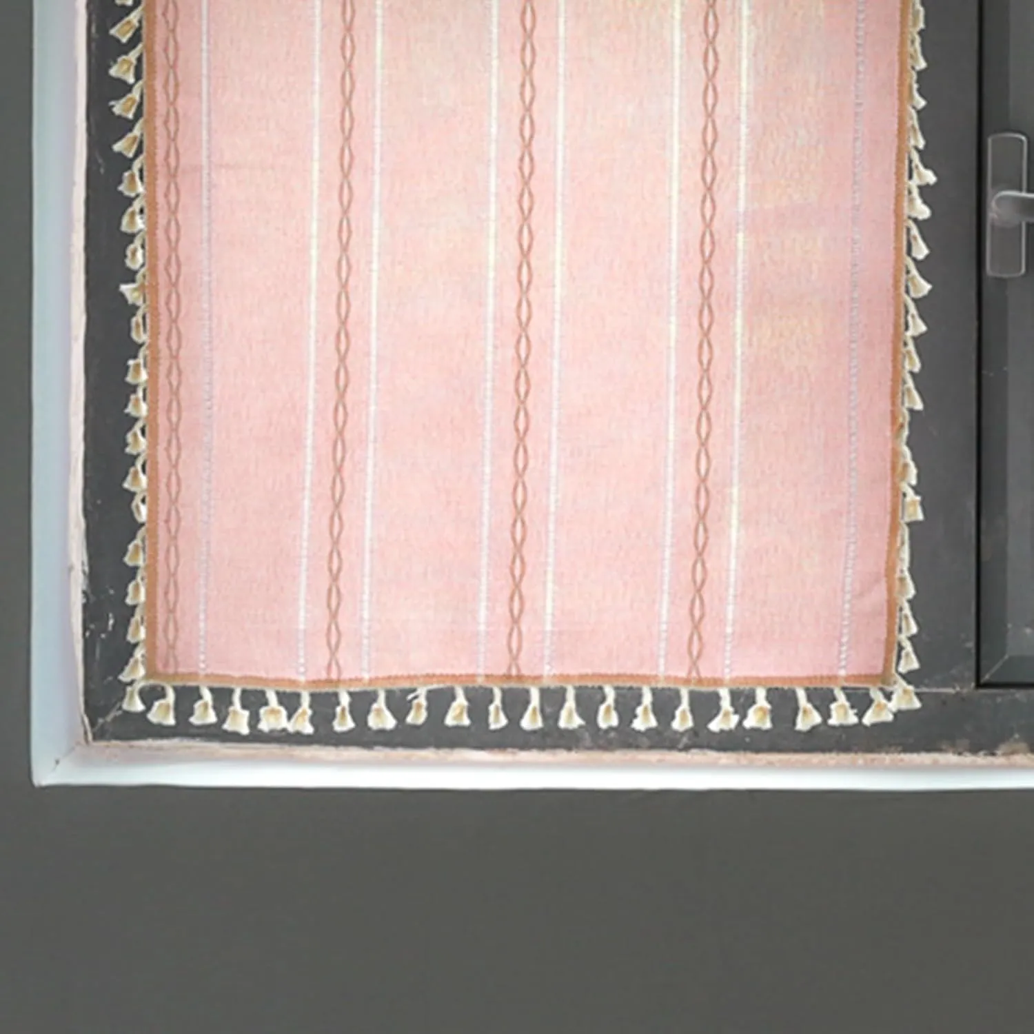 Deeprove Blush Pink Boho Curtain Valance for Cafe Kitchen Nursery Decor, Sheer Bohemian Farmhouse Cotton Linen Short Panel Tassel Toddler Baby Girl Princess Theme Window Treatment, W52 x L18, 1 Piece