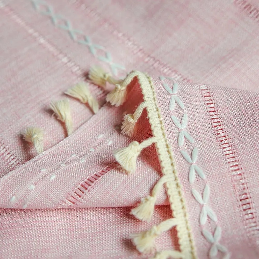 Deeprove Blush Pink Boho Curtain Valance for Cafe Kitchen Nursery Decor, Sheer Bohemian Farmhouse Cotton Linen Short Panel Tassel Toddler Baby Girl Princess Theme Window Treatment, W52 x L18, 1 Piece
