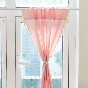 Deeprove Blush Pink Boho Curtain Valance for Cafe Kitchen Nursery Decor, Sheer Bohemian Farmhouse Cotton Linen Short Panel Tassel Toddler Baby Girl Princess Theme Window Treatment, W52 x L18, 1 Piece