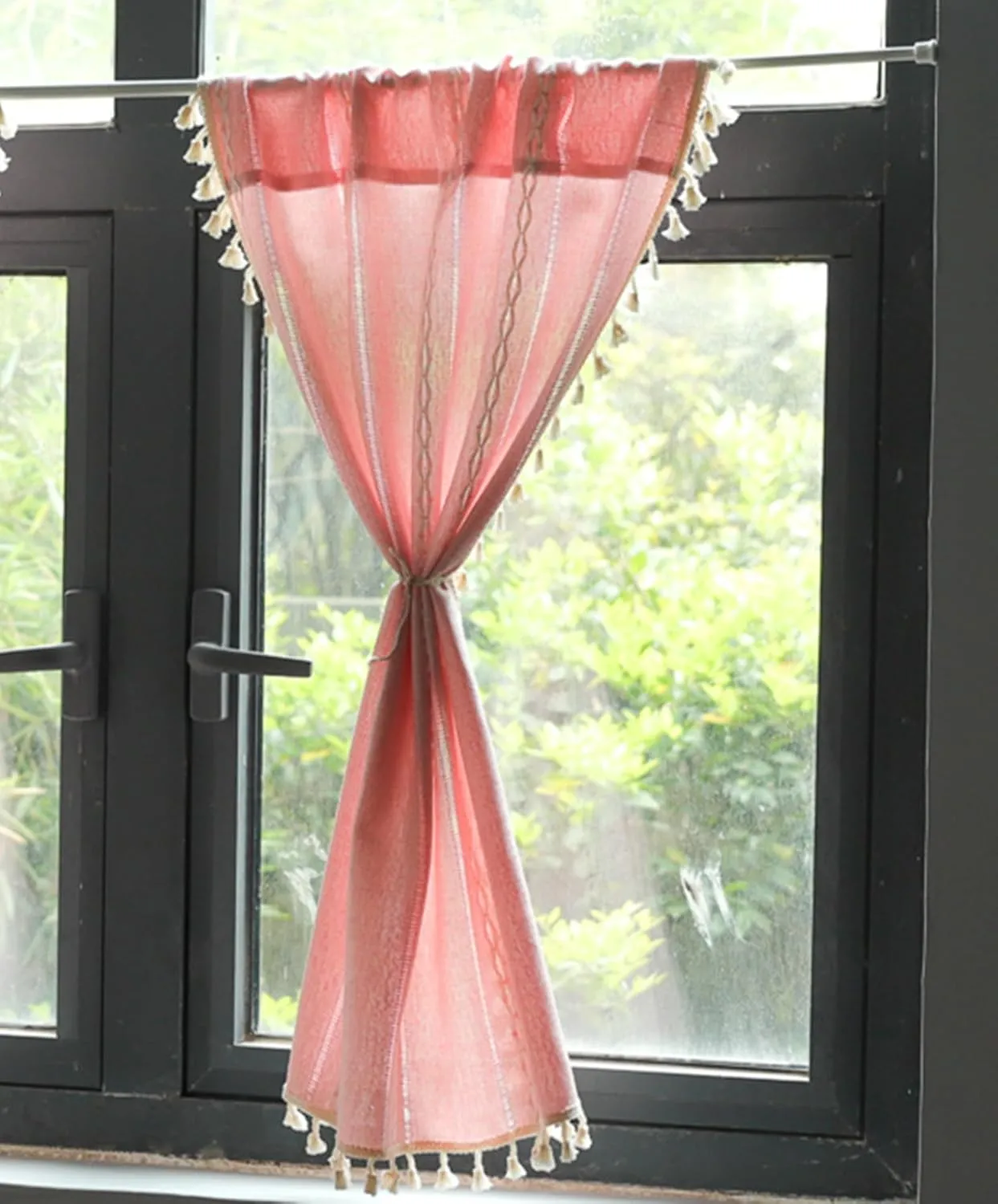 Deeprove Blush Pink Boho Curtain Valance for Cafe Kitchen Nursery Decor, Sheer Bohemian Farmhouse Cotton Linen Short Panel Tassel Toddler Baby Girl Princess Theme Window Treatment, W52 x L18, 1 Piece