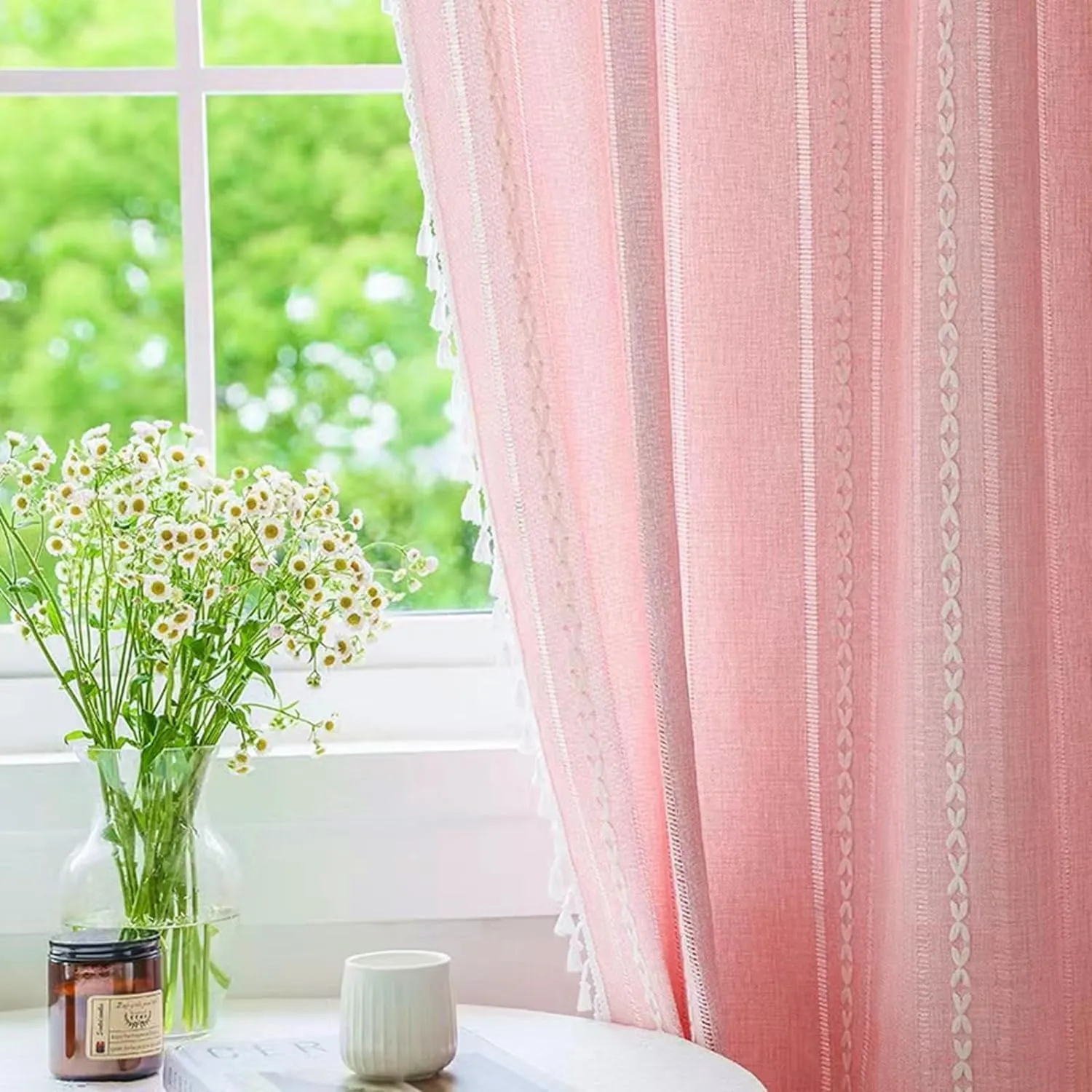 Deeprove Blush Pink Boho Curtain Valance for Cafe Kitchen Nursery Decor, Sheer Bohemian Farmhouse Cotton Linen Short Panel Tassel Toddler Baby Girl Princess Theme Window Treatment, W52 x L18, 1 Piece