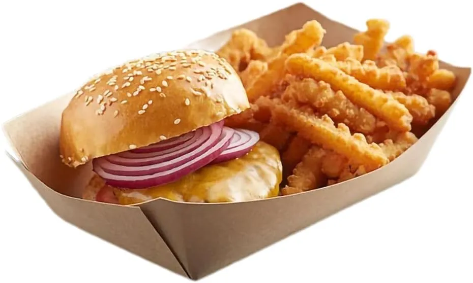 Disposable Kraft Paper Food Trays, 5 Lb Kraft Food Large Serving Boats, Brown, Grease Resistant, Waffles, French Fries, Nachos, Tacos, Take Out, Food Trucks, Concession, 9.5 x 4.2 Inch (3LB) (100)
