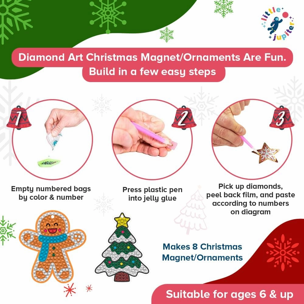 DIY Magnet & Diamond Art Christmas Ornaments for Kids Set - Makes 8pcs - Christmas Crafts for Kids - Diamond Art Kits for Kids - Kids Diamond Art Kits - Christmas Ornament Kits -Ornament Kit