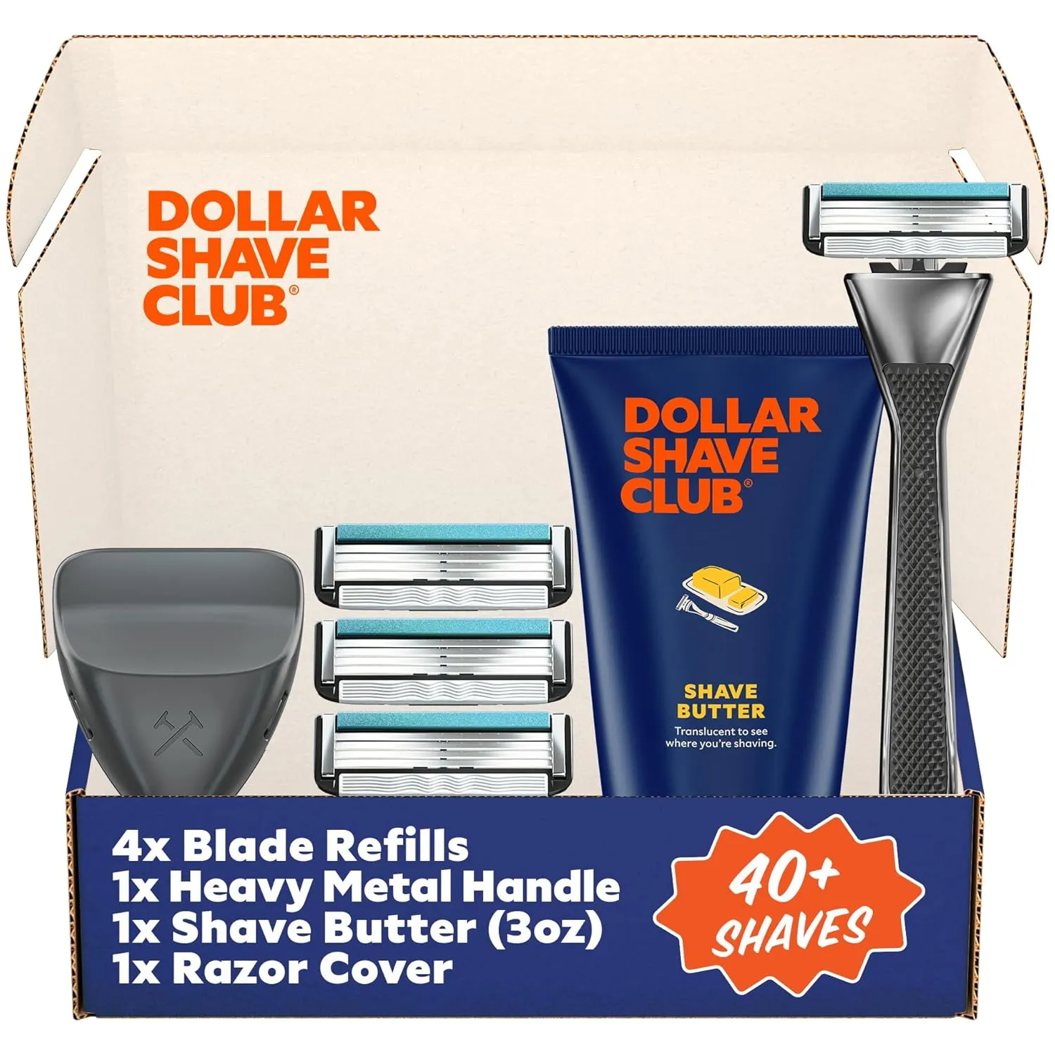 Dollar Shave Club | The VIP Shave Set | 4 Swift Rinse Refill Cartridges, 1 Heavy Metal Handle, 1 Shave Butter 3 ounce, 1 Razor Cover