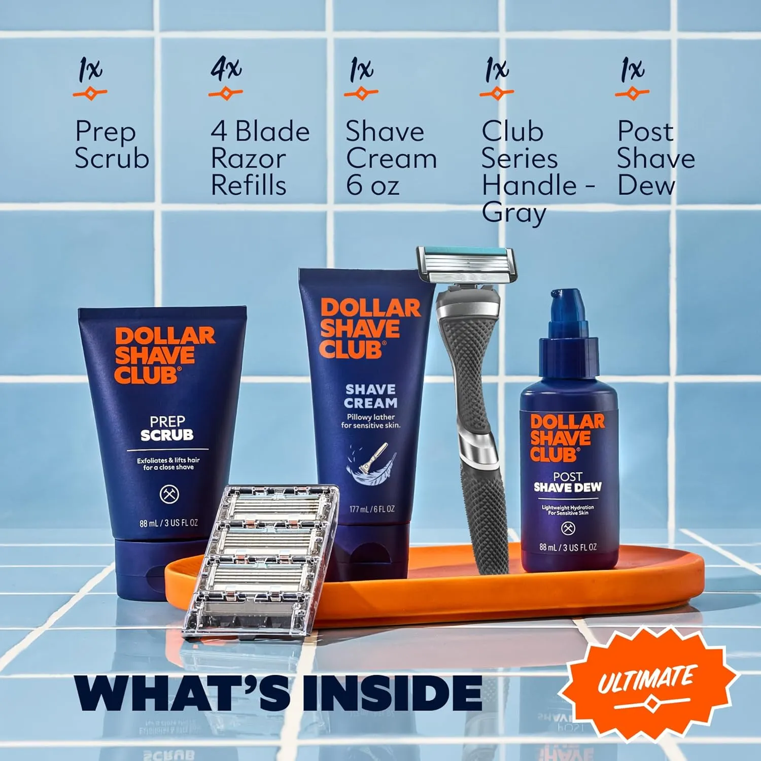 Dollar Shave Club Ultimate Set | 4 Swift Rinse Refill Cartridges, 1 Handle, 1 Prep Scrub 3 oz, 1 Shave Cream 6 oz, 1 Post Shave Dew 3.4 oz