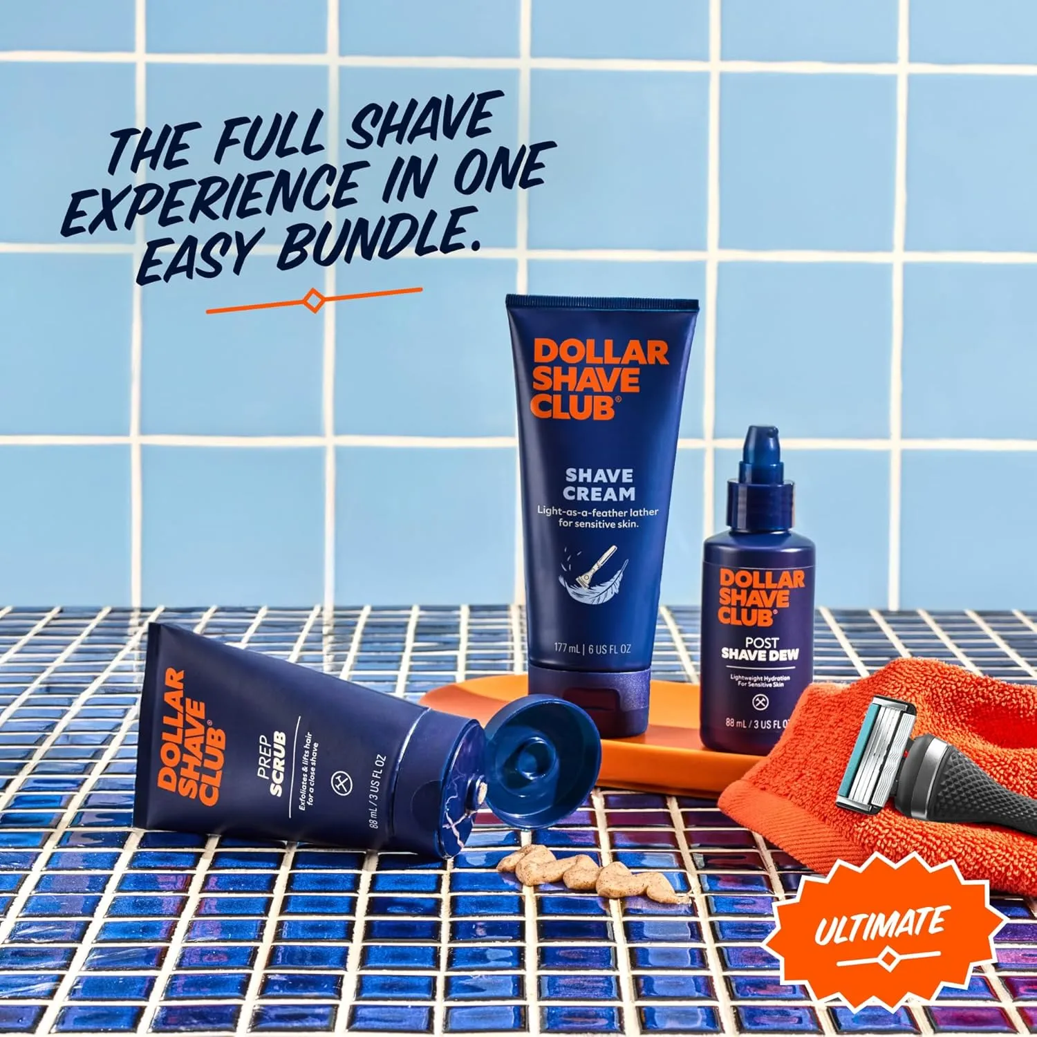 Dollar Shave Club Ultimate Set | 4 Swift Rinse Refill Cartridges, 1 Handle, 1 Prep Scrub 3 oz, 1 Shave Cream 6 oz, 1 Post Shave Dew 3.4 oz