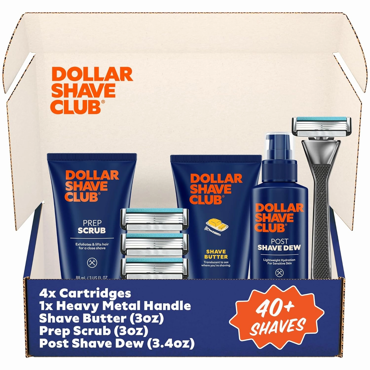 Dollar Shave Club | The Total Package Gift Set | 4 Swift Rinse Refill Cartridges, 1 Heavy Metal Handle, 1 Prep Scrub 3 ounce, 1 Shave Butter 3 ounce, 1 Post Shave Dew 3.4 ounce