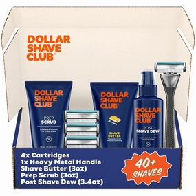 Dollar Shave Club | The Total Package Gift Set | 4 Swift Rinse Refill Cartridges, 1 Heavy Metal Handle, 1 Prep Scrub 3 ounce, 1 Shave Butter 3 ounce, 1 Post Shave Dew 3.4 ounce
