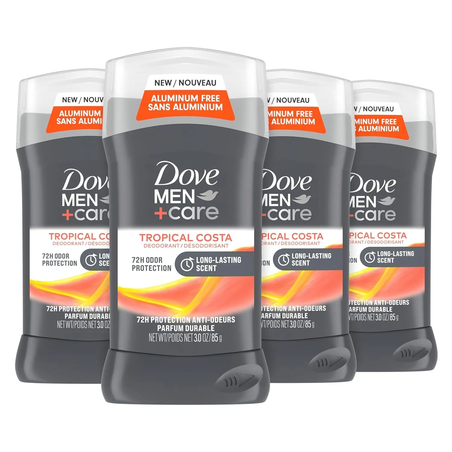 Dove Men Care Aluminum-Free Deodorant Tropical Costa 4 Count for a Long-Lasting Scent, with 72H Odor Protection, 3.0 oz