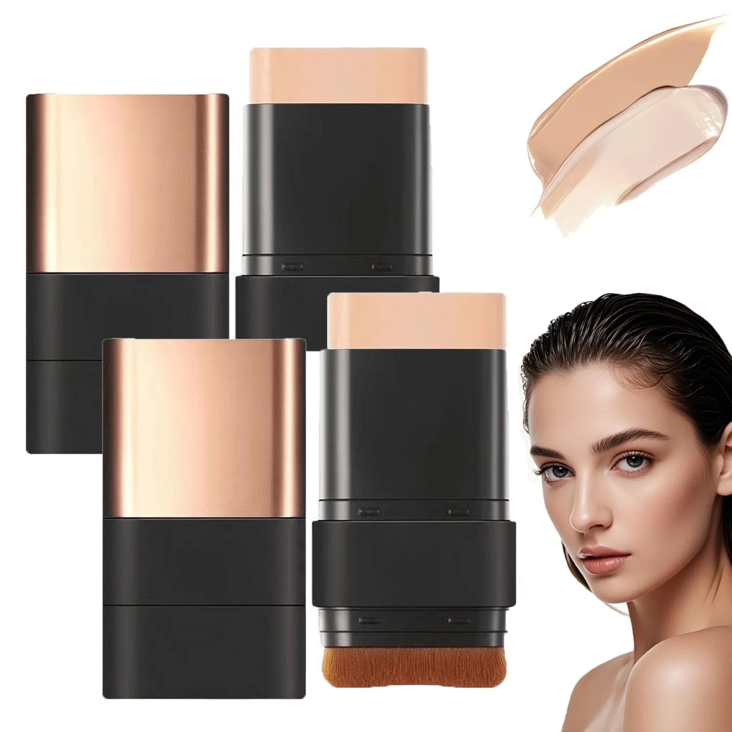 Dual Ended Eraser Foundation Stick,3 in 1-Luxury Anti-Wrinkle Foundation Stick,2 in 1 Double Head Tinted Moisturizer FoundationStick,Multiuse Foundation Makeup with Brush,Flawless Eraser (Natural*2)