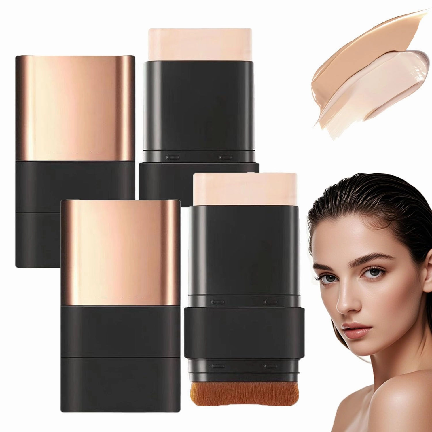 Dual Ended Eraser Foundation Stick,3 in 1-Luxury Anti-Wrinkle Foundation Stick,2 in 1 Double Head Tinted Moisturizer FoundationStick,Multiuse Foundation Makeup with Brush,Flawless Eraser (Ivory*2)