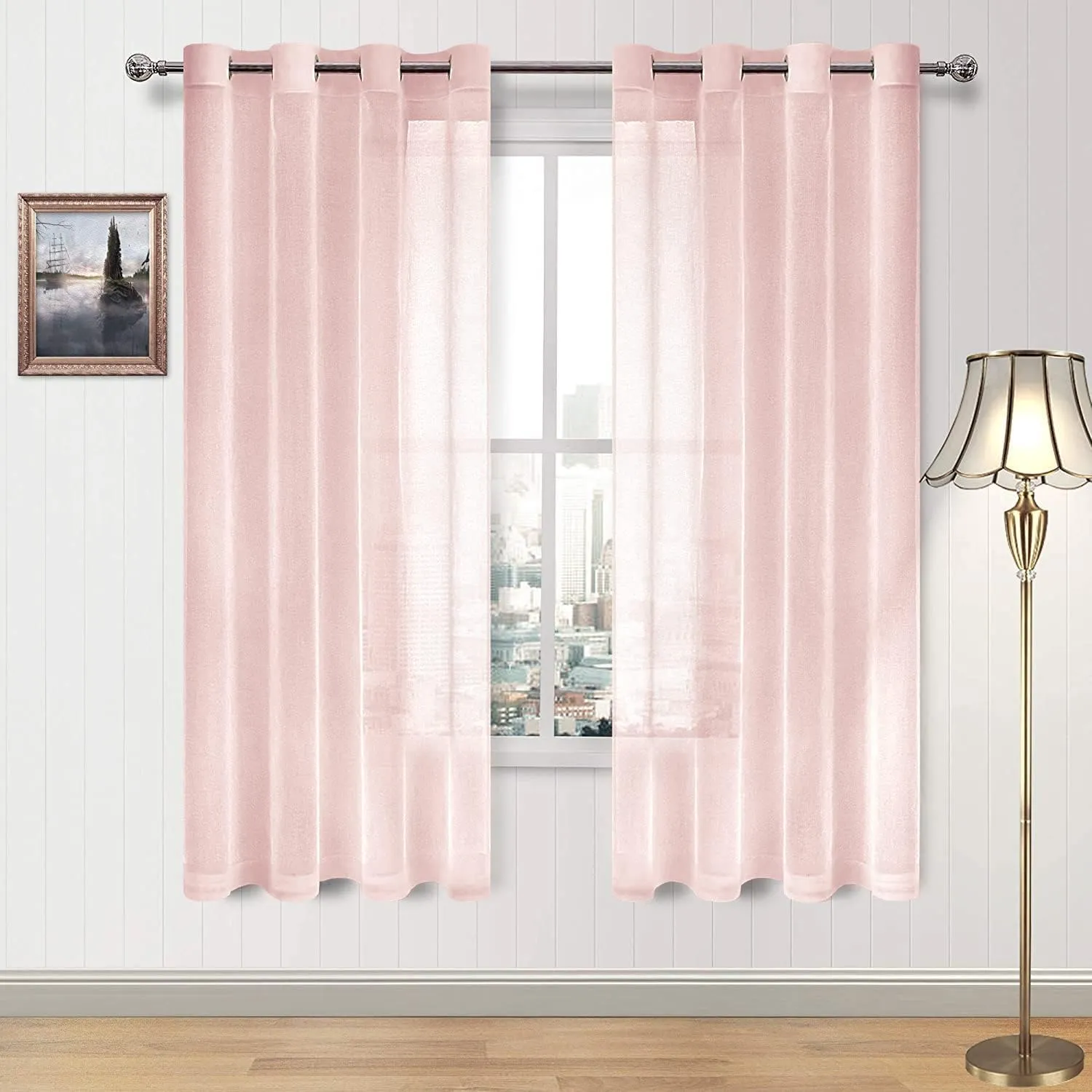 DWCN Blush Pink Sheer Curtains Bedroom Curtains Faux Linen Voile Sheer Drapes Grommet Top Window Curtain Panel 52 x 63 inches Long,Set of 2 Panels