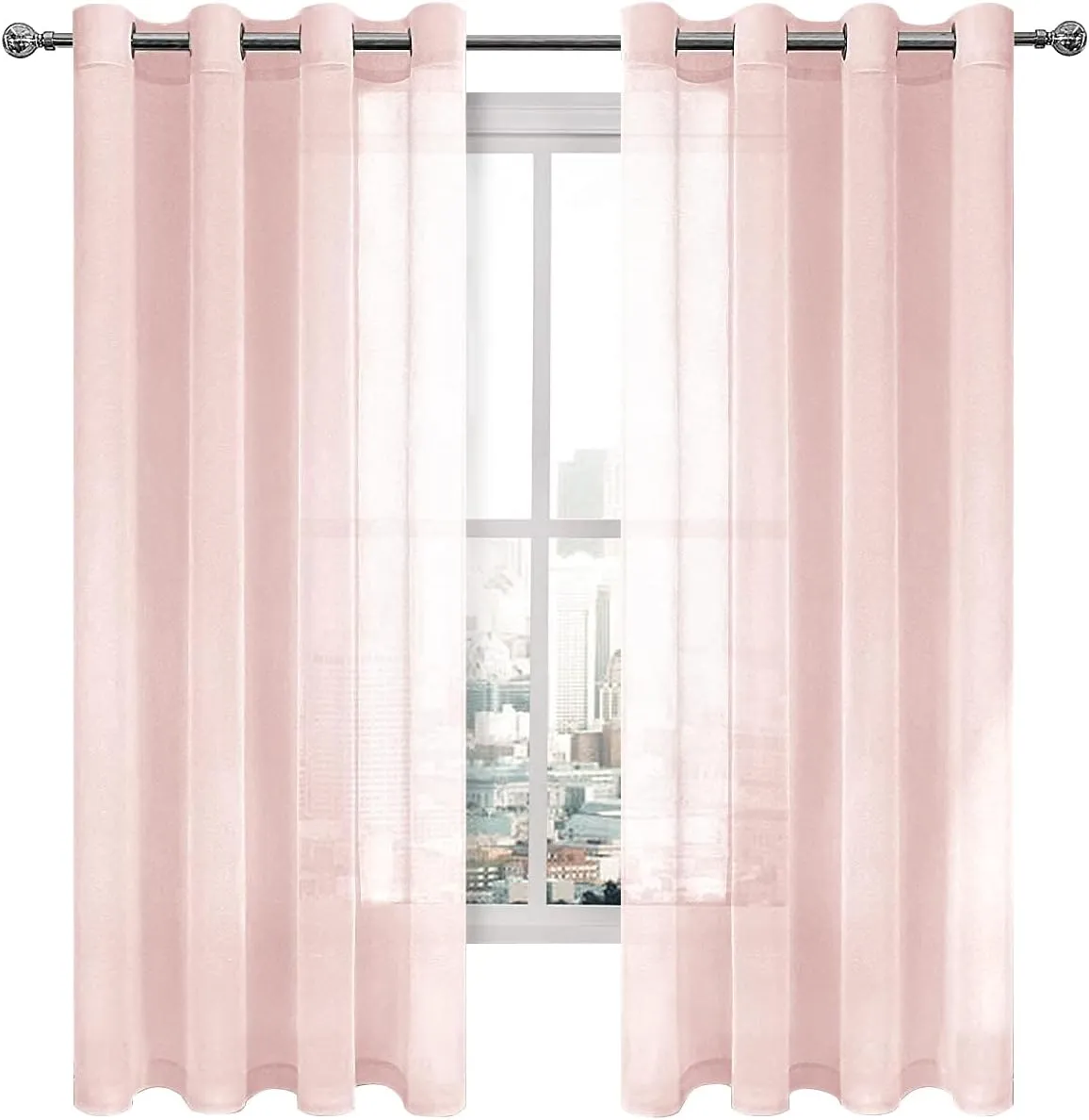 DWCN Blush Pink Sheer Curtains Bedroom Curtains Faux Linen Voile Sheer Drapes Grommet Top Window Curtain Panel 52 x 63 inches Long,Set of 2 Panels