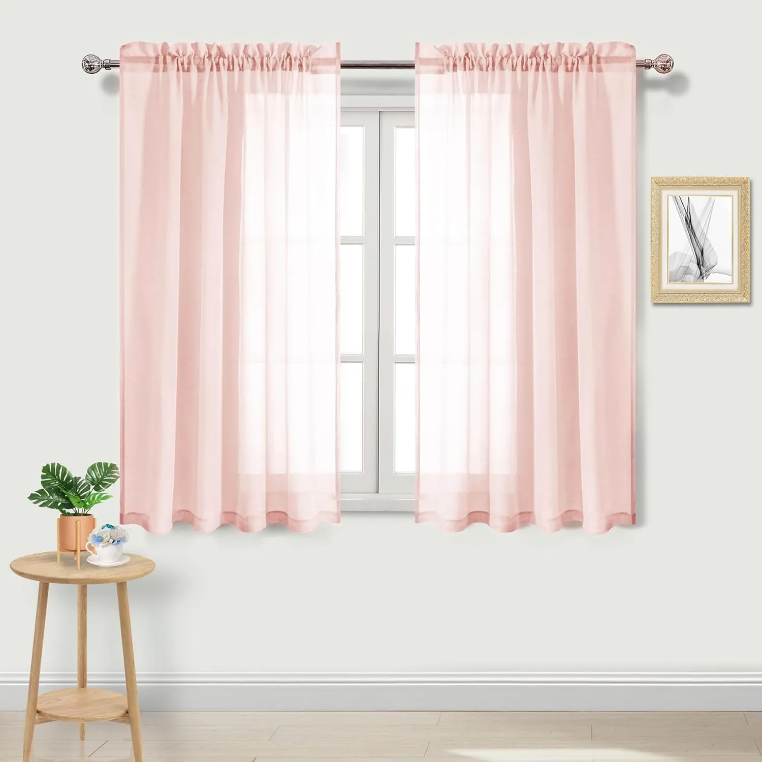 DWCN Blush Pink Sheer Curtains Semi Transparent Voile Rod Pocket Curtains for Bedroom and Living Room, 52 x 54 inches Long, Set of 2 Panels