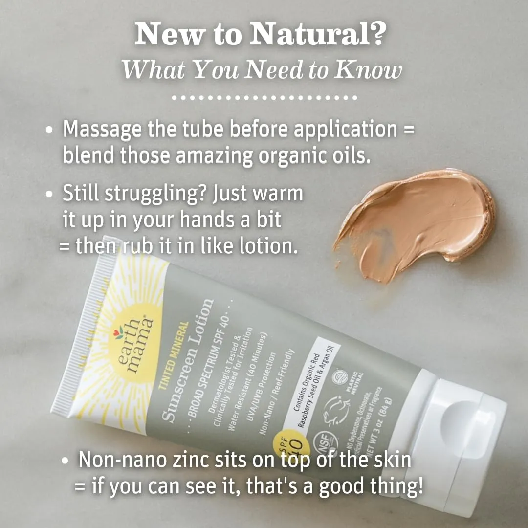 Earth Mama Tinted Mineral Sunscreen Lotion SPF 40, Contains Organic Argan and Red Raspberry Seed Oil, 3-Ounces