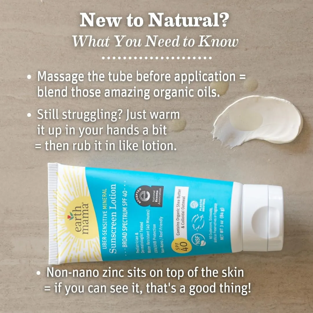 Earth Mama Uber-Sensitive Mineral Sunscreen Lotion SPF 40 | Reef Safe, Non-Nano Zinc, Contains Organic Colloidal Oatmeal | Steroid-Free Eczema Cream for Baby, Kid & Family, 3-Ounce