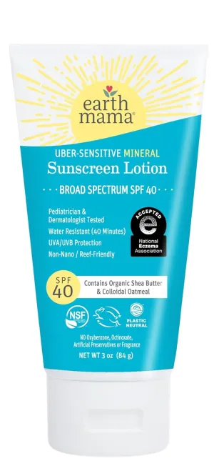 Earth Mama Uber-Sensitive Mineral Sunscreen Lotion SPF 40 | Reef Safe, Non-Nano Zinc, Contains Organic Colloidal Oatmeal | Steroid-Free Eczema Cream for Baby, Kid & Family, 3-Ounce