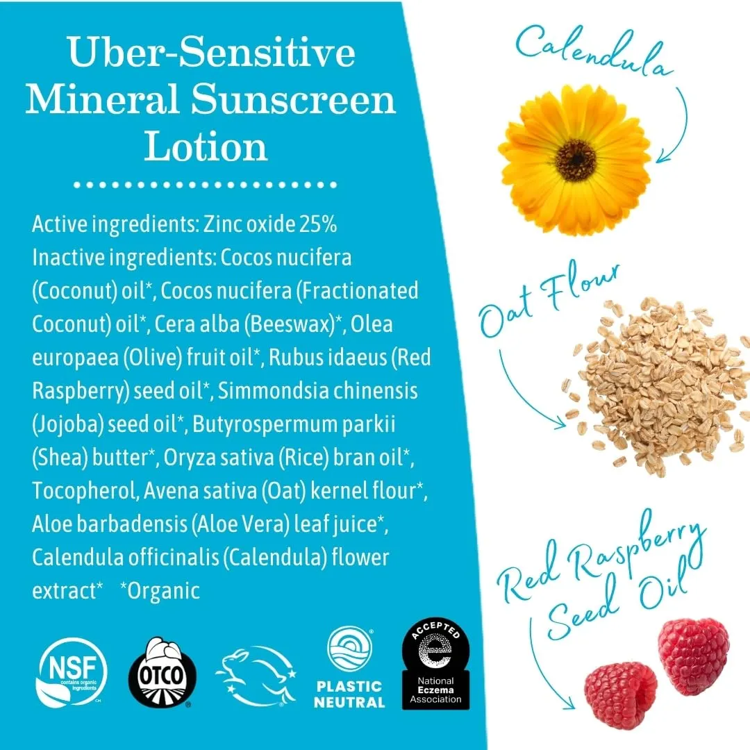 Earth Mama Uber-Sensitive Mineral Sunscreen Lotion SPF 40 | Reef Safe, Non-Nano Zinc, Contains Organic Colloidal Oatmeal | Steroid-Free Eczema Cream for Baby, Kid & Family, 3-Ounce