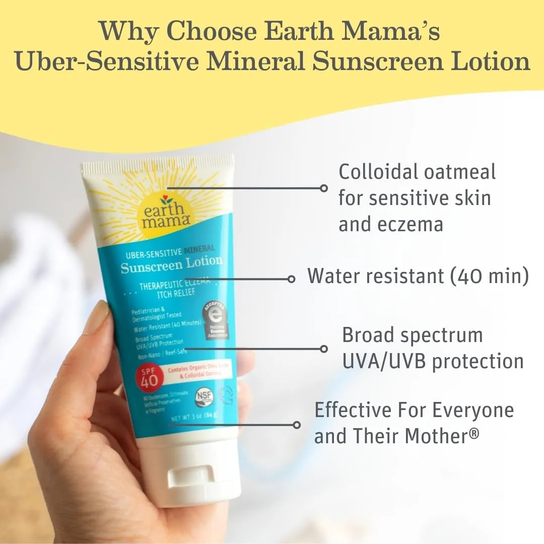 Earth Mama Uber-Sensitive Mineral Sunscreen Lotion SPF 40 | Reef Safe, Non-Nano Zinc, Contains Organic Colloidal Oatmeal | Steroid-Free Eczema Cream for Baby, Kid & Family, 3-Ounce