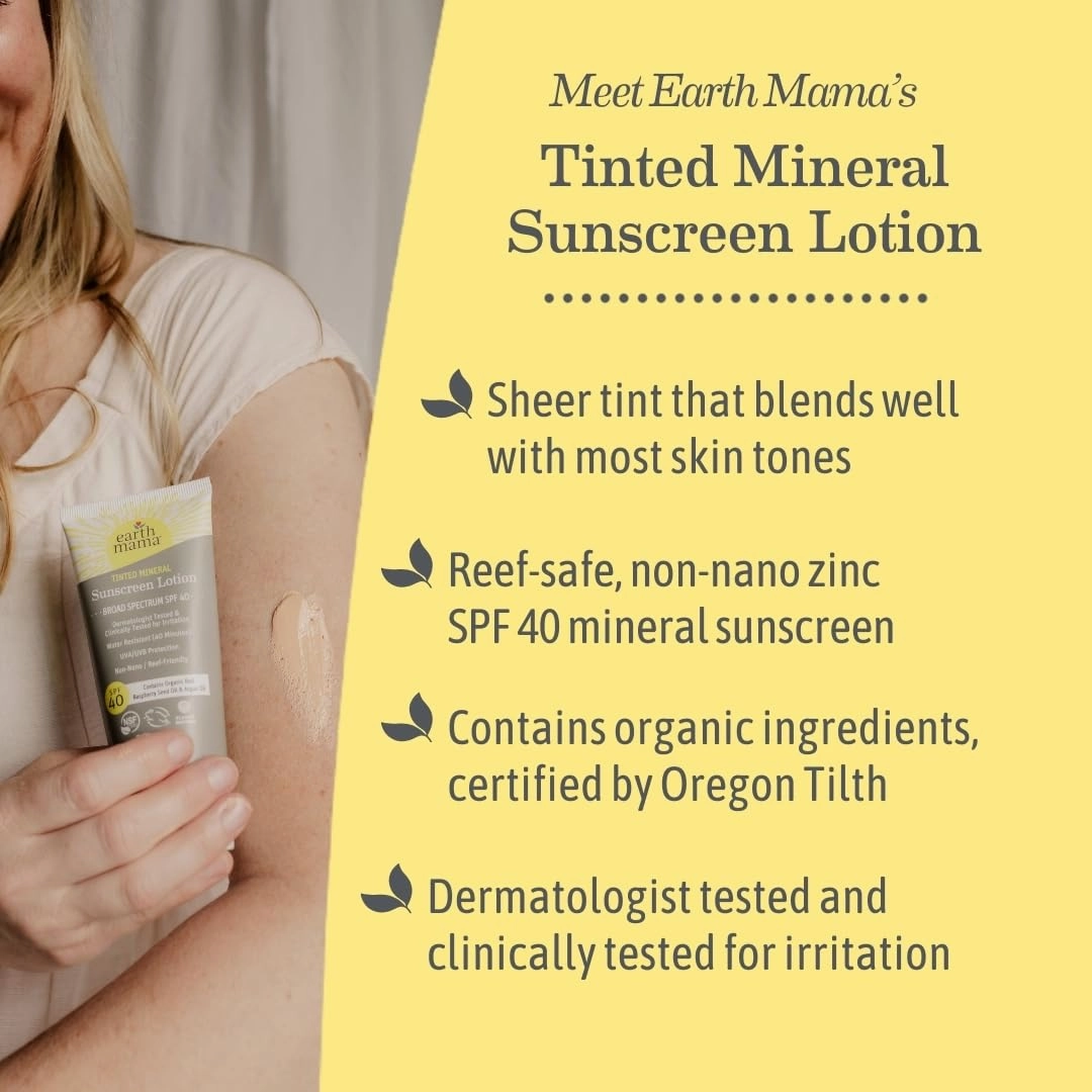 Earth Mama Tinted Mineral Sunscreen Lotion SPF 40, Contains Organic Argan and Red Raspberry Seed Oil, 3-Ounces, 2-Pack
