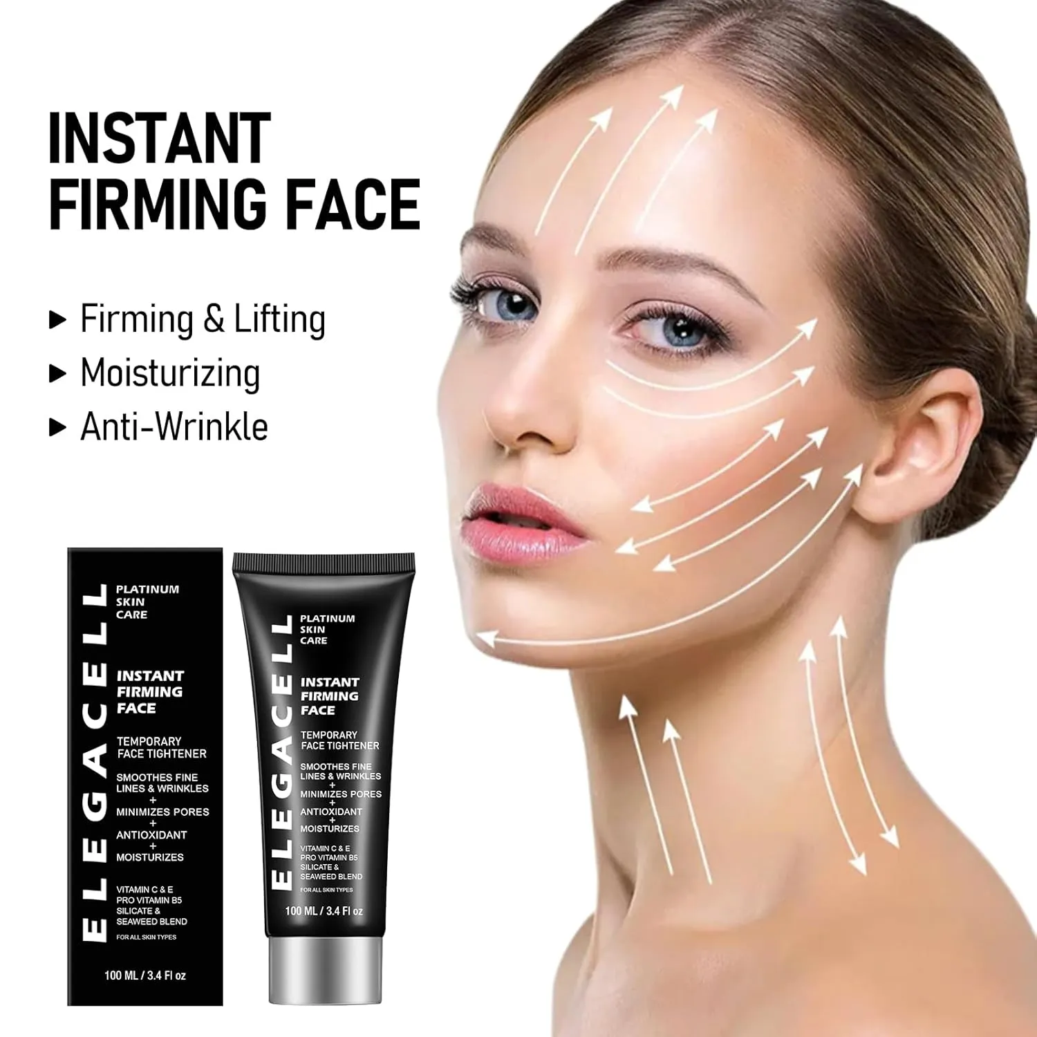 Elegacell Face Tightener Instant Face Lift Cream Temporary Frim Skin Tightening and Lifting Cream-Smooth the Look of Fine Lines - Daily Moisturizer for Women and Men - 100ml, 3.4 fl.oz