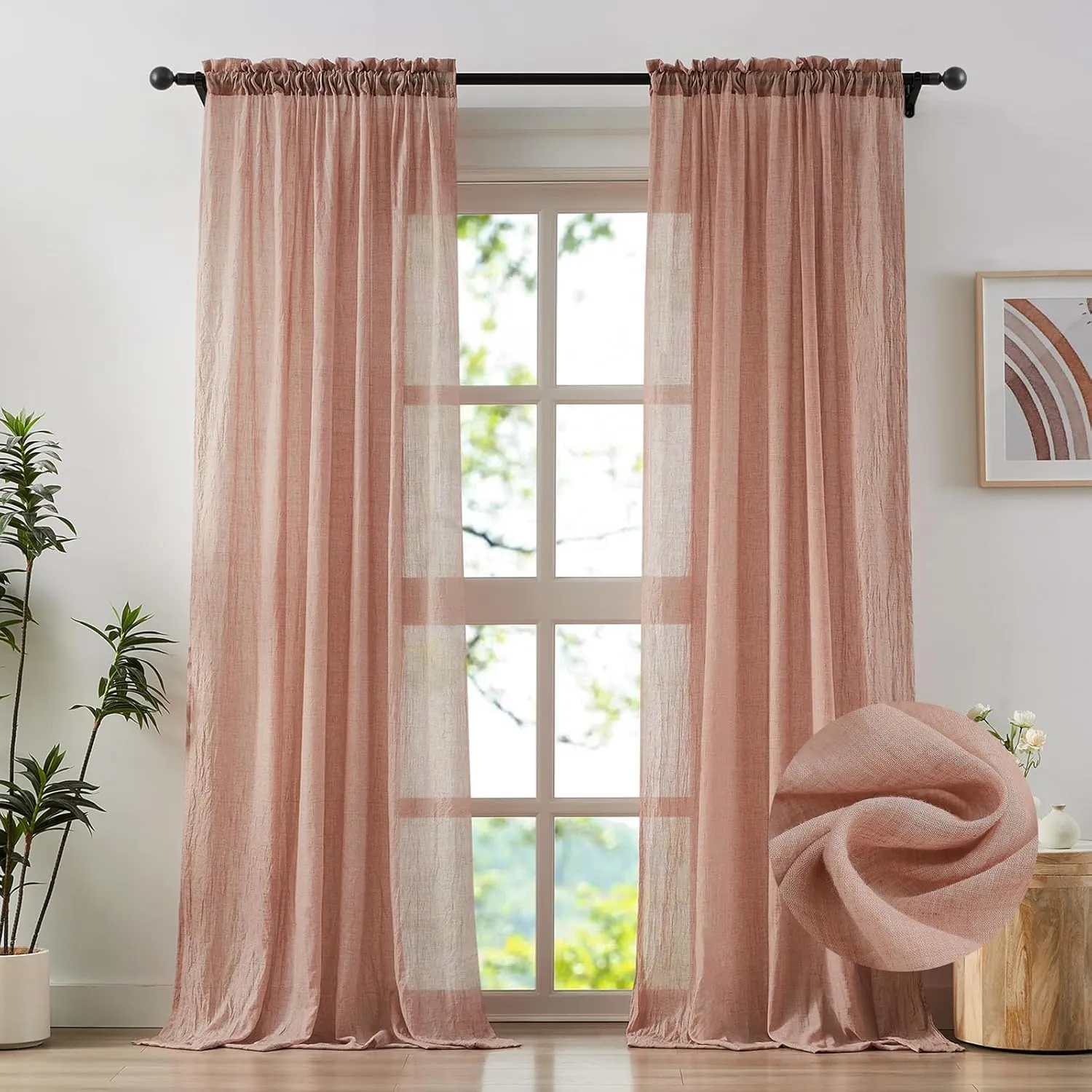 Elegant Blush Pink Sheer Curtains Cotton Linen Textured for Living Room, Bedroom Soft Light Filtering Crinkle Sheer Drapes Natural Rod Pocket Crepe Curtains, W52 x L84 inch, 2 Panels