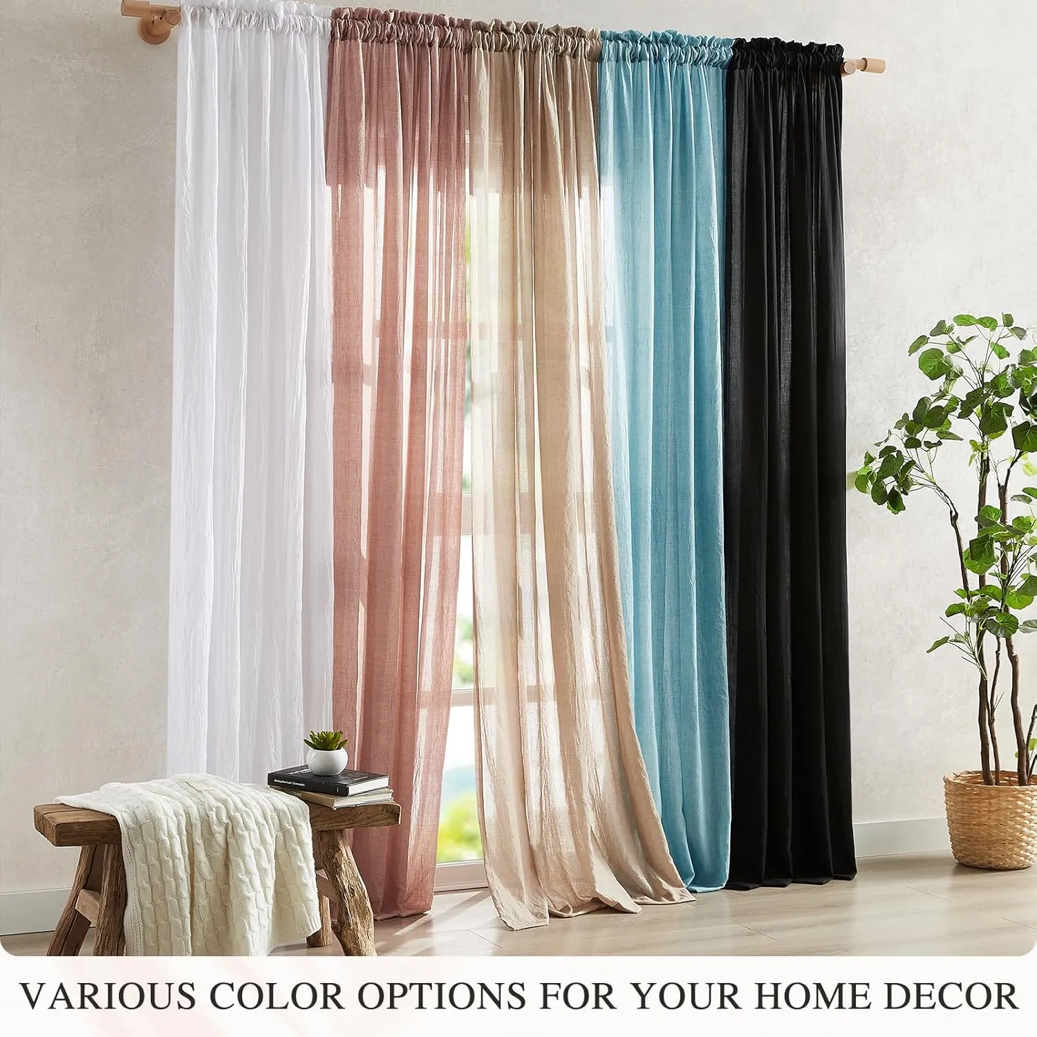 Elegant Blush Pink Sheer Curtains Cotton Linen Textured for Living Room, Bedroom Soft Light Filtering Crinkle Sheer Drapes Natural Rod Pocket Crepe Curtains, W52 x L84 inch, 2 Panels