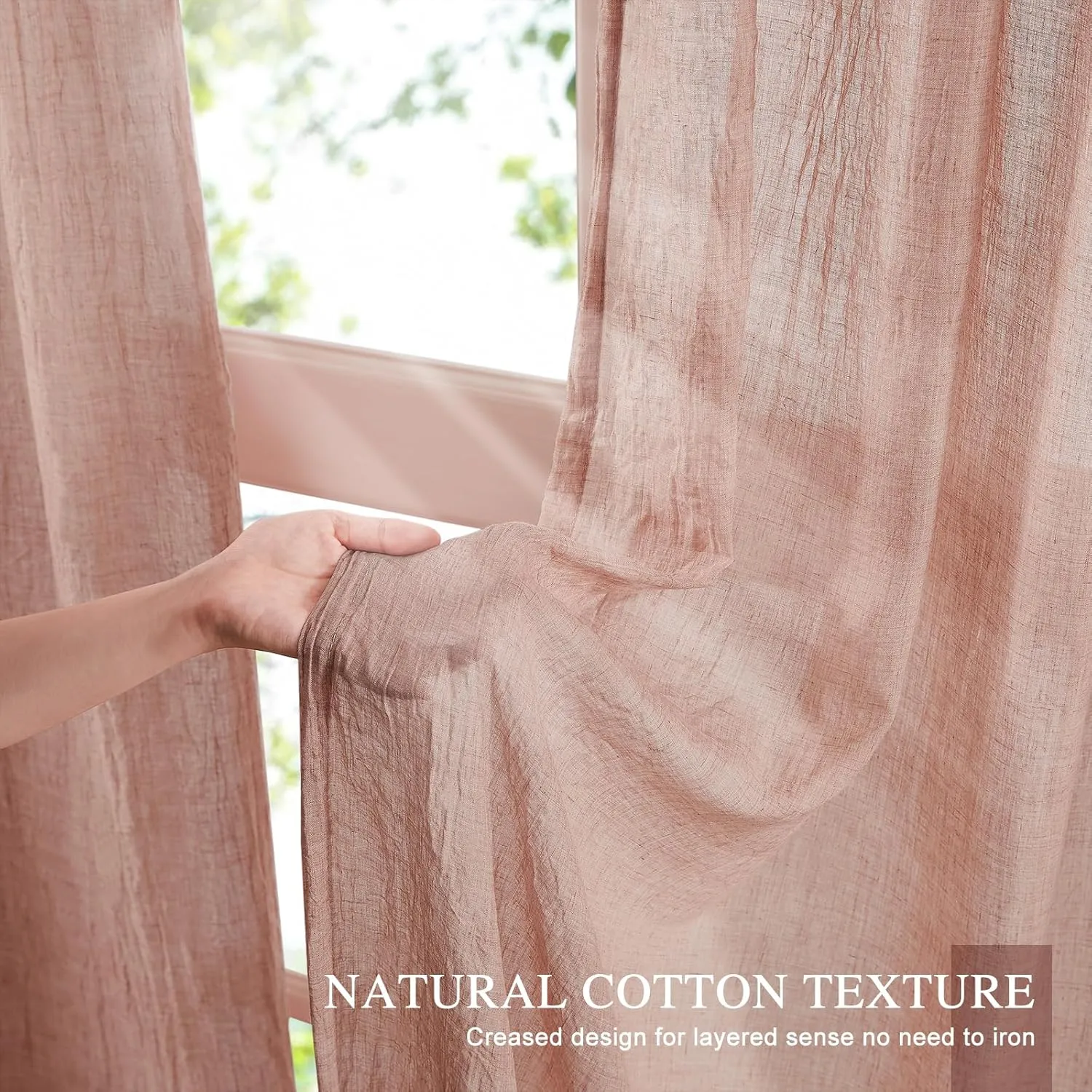 Elegant Blush Pink Sheer Curtains Cotton Linen Textured for Living Room, Bedroom Soft Light Filtering Crinkle Sheer Drapes Natural Rod Pocket Crepe Curtains, W52 x L84 inch, 2 Panels