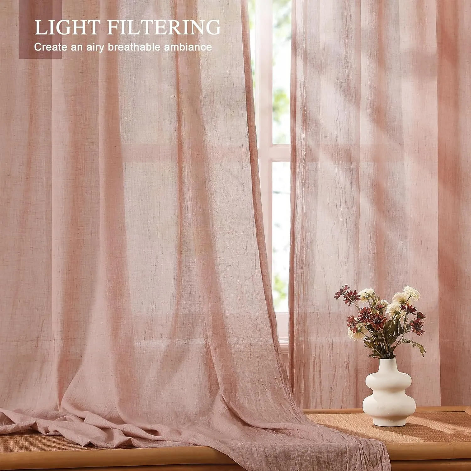 Elegant Blush Pink Sheer Curtains Cotton Linen Textured for Living Room, Bedroom Soft Light Filtering Crinkle Sheer Drapes Natural Rod Pocket Crepe Curtains, W52 x L84 inch, 2 Panels