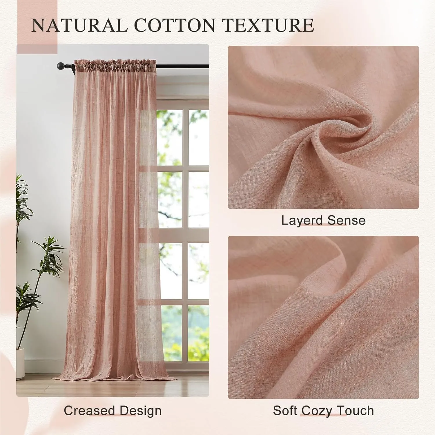Elegant Blush Pink Sheer Curtains Cotton Linen Textured for Living Room, Bedroom Soft Light Filtering Crinkle Sheer Drapes Natural Rod Pocket Crepe Curtains, W52 x L84 inch, 2 Panels