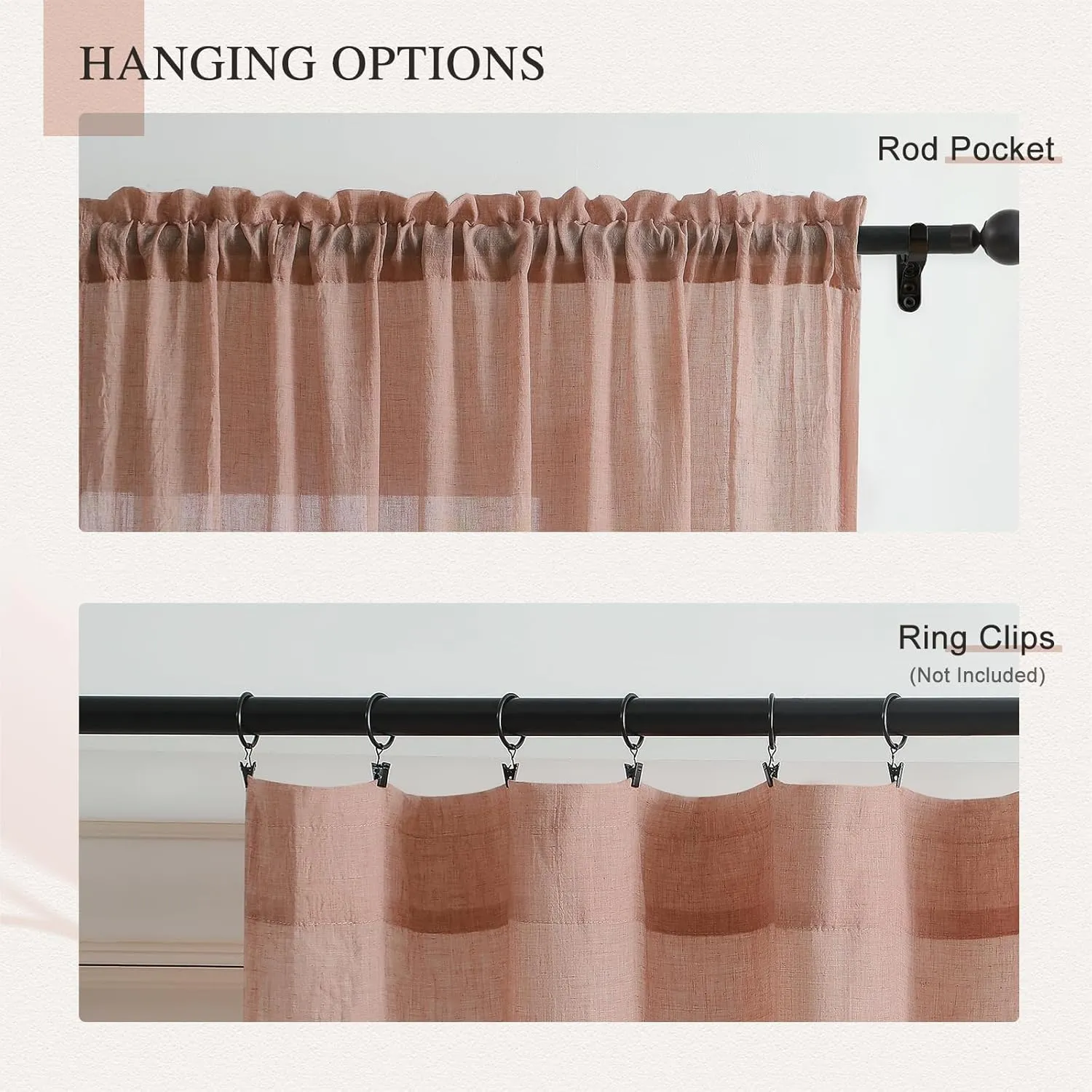 Elegant Blush Pink Sheer Curtains Cotton Linen Textured for Living Room, Bedroom Soft Light Filtering Crinkle Sheer Drapes Natural Rod Pocket Crepe Curtains, W52 x L84 inch, 2 Panels