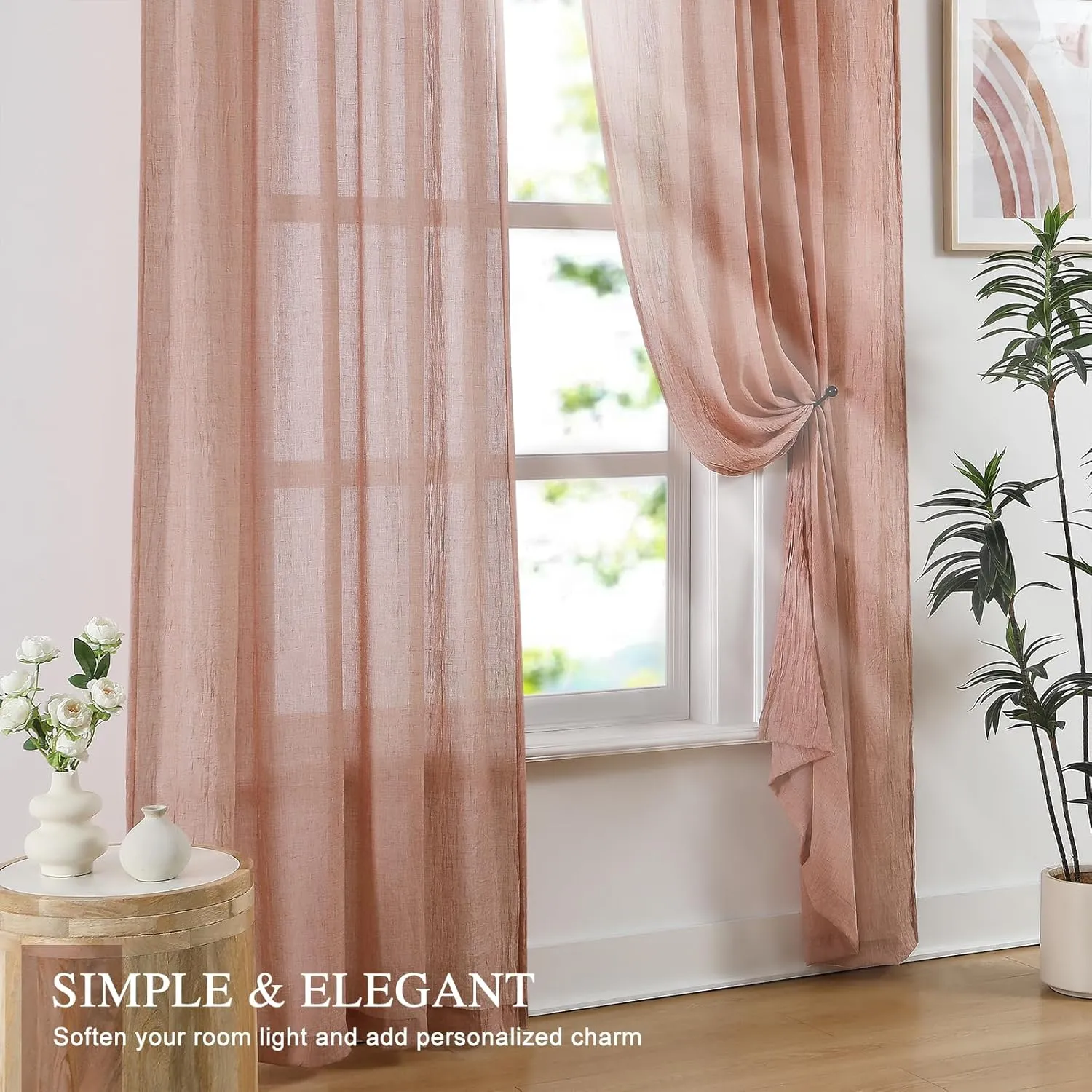 Elegant Blush Pink Sheer Curtains for Living Room, Bedroom Soft Light Filtering Cotton Linen Farmhouse Crepe Sheer Drapes Natural Voile Curtains Rod Pocket, W52 x L63 inch, 2 Panels