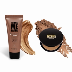 Elizabeth Mott Makeup Bundle: Thank Me Later Glow Enhancer Primer & Highlighter (Tan Sheer Glow, 30g)   Whatup Beaches Matte Bronzer Contour Powder (10g) – Vegan, Cruelty-Free, Paraben-Free