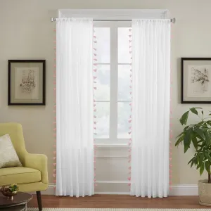 Elrene Home Fashions Bianca Boho Semi-Sheer White Cotton Rod-Pocket Window Curtain Panel with Colorful Side Tassels, 52 inches by 84 inches, Blush Pink